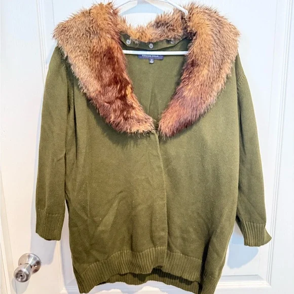 Jones New York Olive Cardigan with Faux Fur Collar - Picture 1 of 3